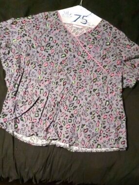 Scrubstar Gray Leopard Print Scrub Top with Pink and Neon Green Accents